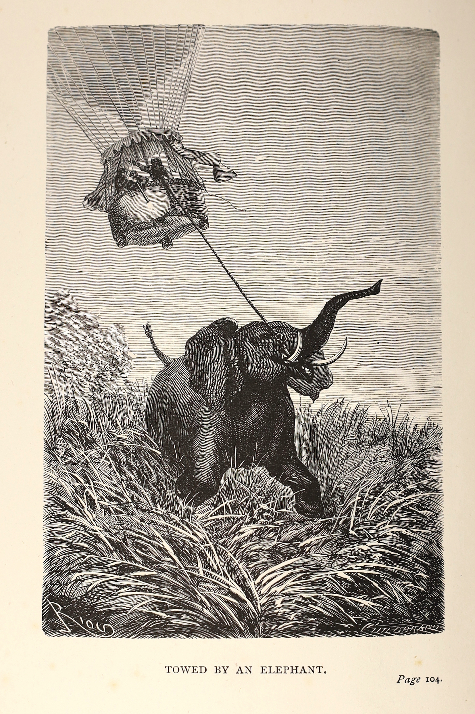 Verne, Jules - Five Weeks in a Balloon: a voyage of exploration and discovery in Central Africa ....2nd edition. 35 wood engraved plates and num. text illus.; publisher's gilt pictorial cloth, ge., cr.8vo. 1874